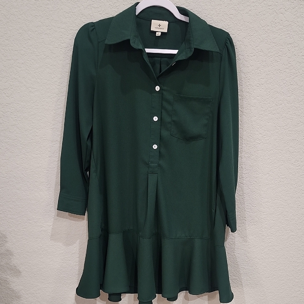 Tuckernuck Hunter Green Preppy Crepe Callahan Shirt Mini Dress Quiet Lux Ruffle - Picture 4 of 12
